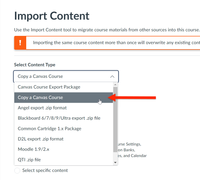 Select Content Type drop down with "Copy a Canvas Course" as the second option