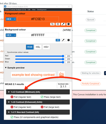 Partially Completed alert with color contrast error from Colour Contrast Analyser