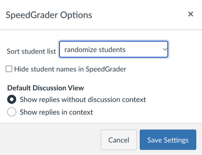 Speedgrader option modal showing new Default Discussions View settings