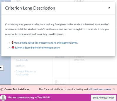 View of outcome description from a test student account, still displaying the regular description.