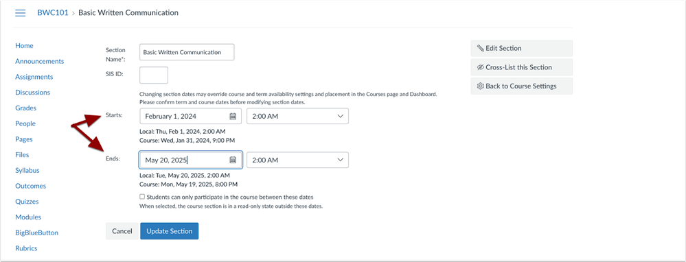 Course Section Date and Time Fields