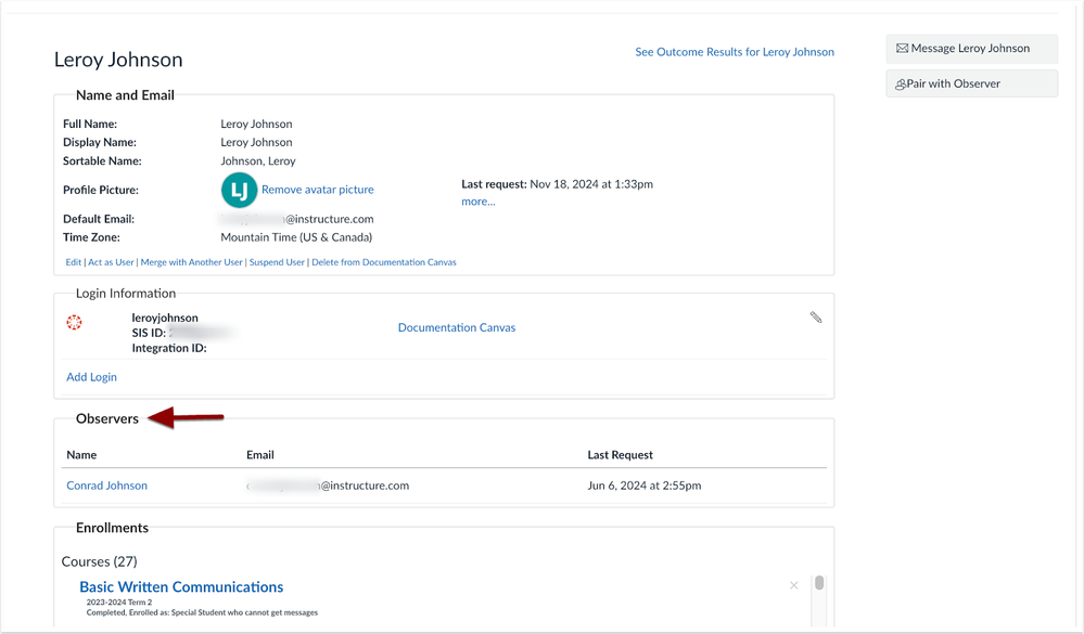 User Details Page Observer Section