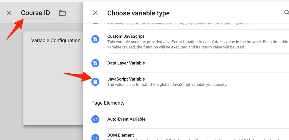 Naming the variable and selecting JavaScript variable. 