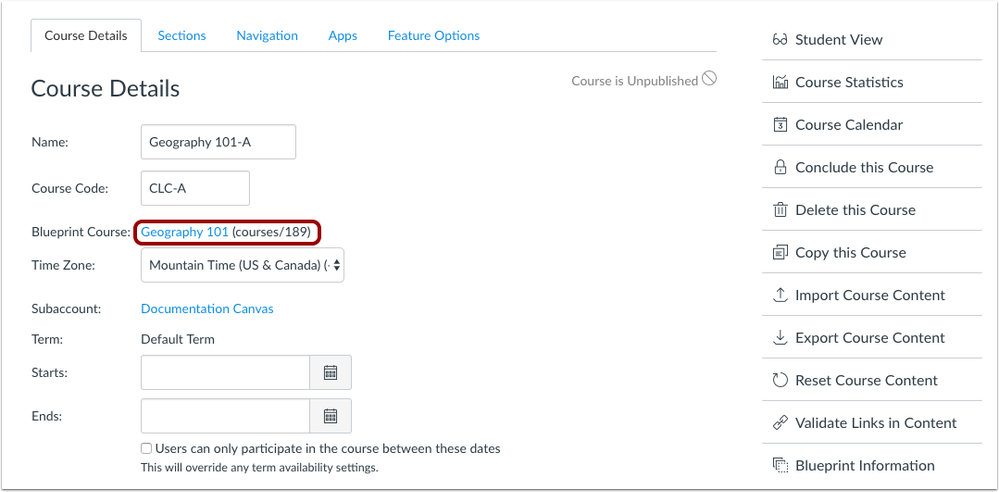 Associated courses show the name of the Blueprint Course in Course Details, Course Settings