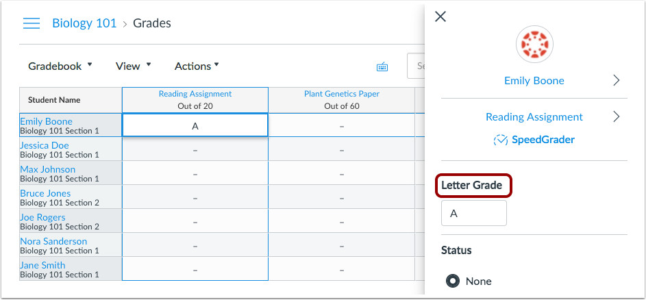 Changing the Enter Grades as option also displays the grading choice in the Grade Detail Tray