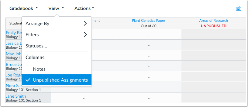 When unpublished assignments are shown in the New Gradebook, the assignment header indicates an unpublished status