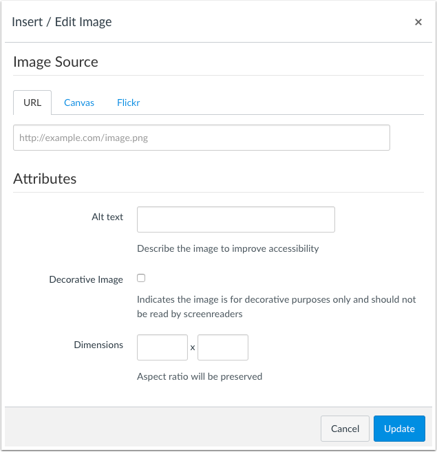 The Rich Content Editor Image window includes a Decorative Image checkbox for images 