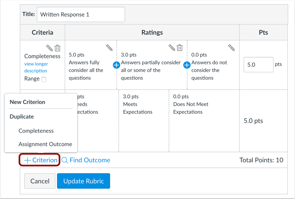 Rubrics Criterion Duplication Option