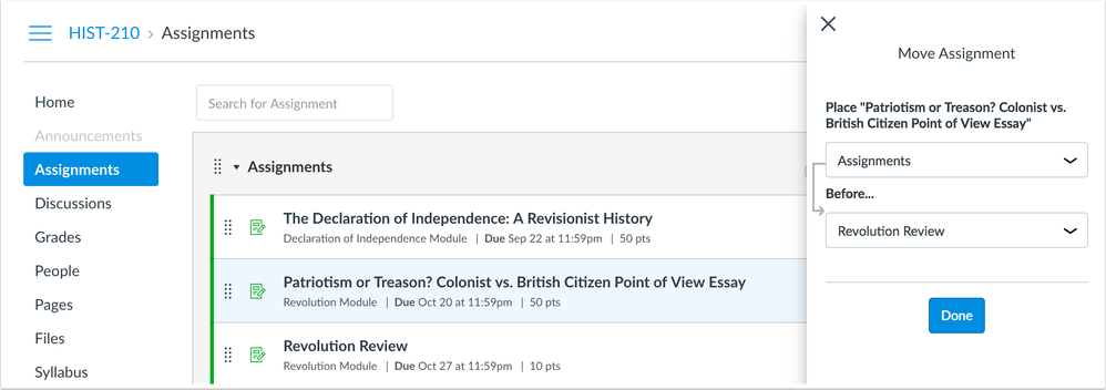 Assignments page with the move-to assignment sidebar and move options Assignments page with the move-to assignment sidebar and move options