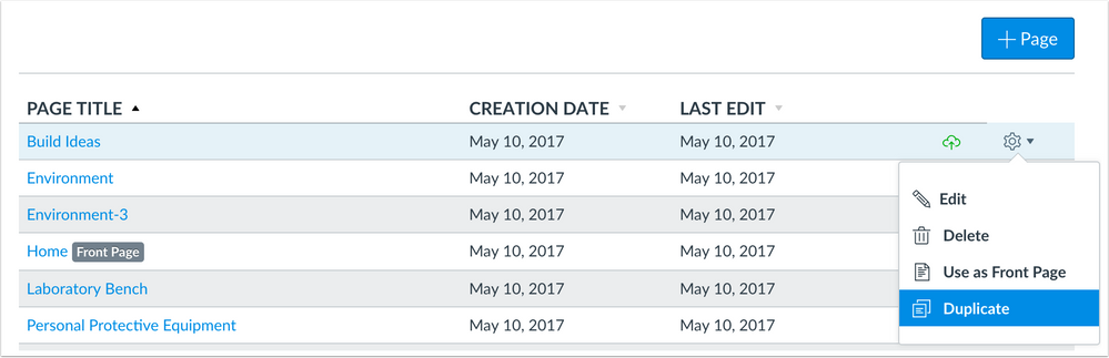 Pages Settings menu allows users to duplicate a page