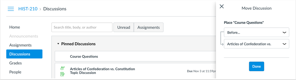 Discussions page with the move-to discussion sidebar and move options Discussions page with the move-to discussion sidebar and move options