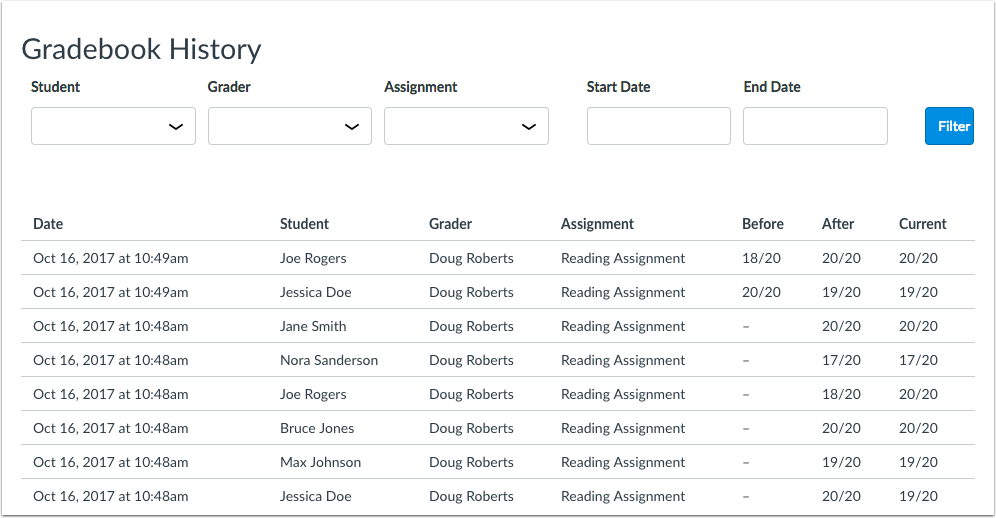 Gradebook History page results with no filtered history Gradebook History page results with no filtered history