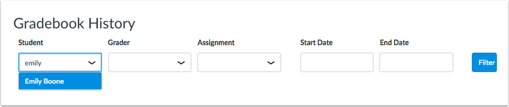 Gradebook History filter with entered student name 