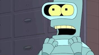 Bender from Futurama with his mouth open and holding up his hands in anticipation