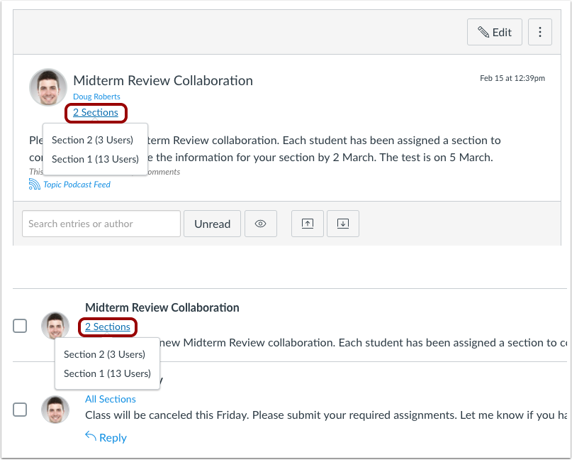 Both the individual announcement and the Announcements Index Page displays the section(s) that can view the announcement