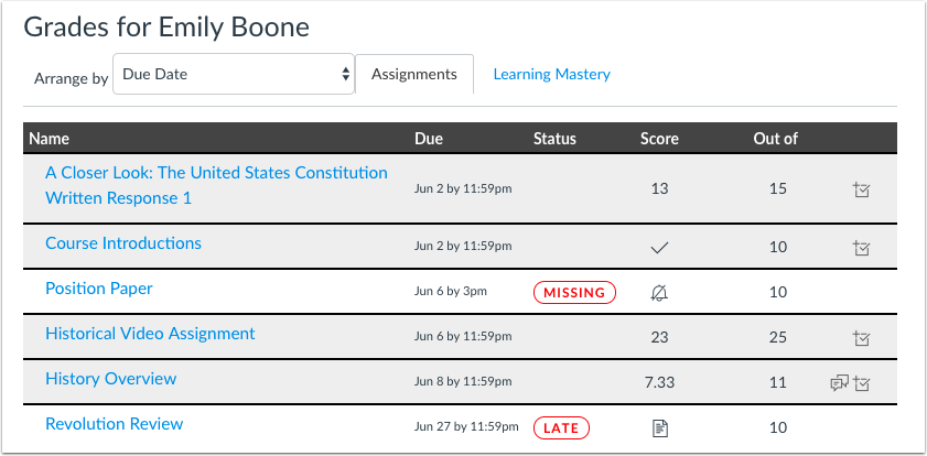 Student Grades in Canvas with Late and Missing Status Labels