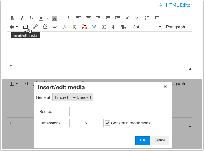 Rich Content Editor insert and edit media window with options