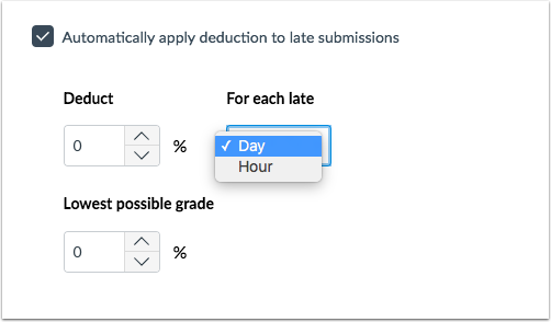 New Gradebook allows deducting a percentage from a grade for each day or hour the submission is late New Gradebook allows deducting a percentage from a grade for each day or hour the submission is late