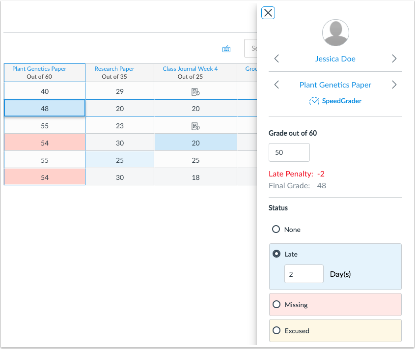 New Gradebook Grade Detail Tray displays the deduction applied to any late assignments using the late policy New Gradebook Grade Detail Tray displays the deduction applied to any late assignments using the late policy