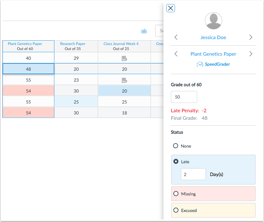 New Gradebook Grade Detail Tray displays the deduction applied to any late assignments using the late policy