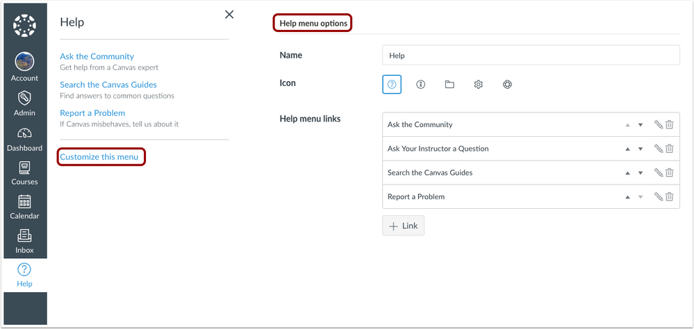 Global Navigation Help Link anchor tag to Help Menu section, Account Settings