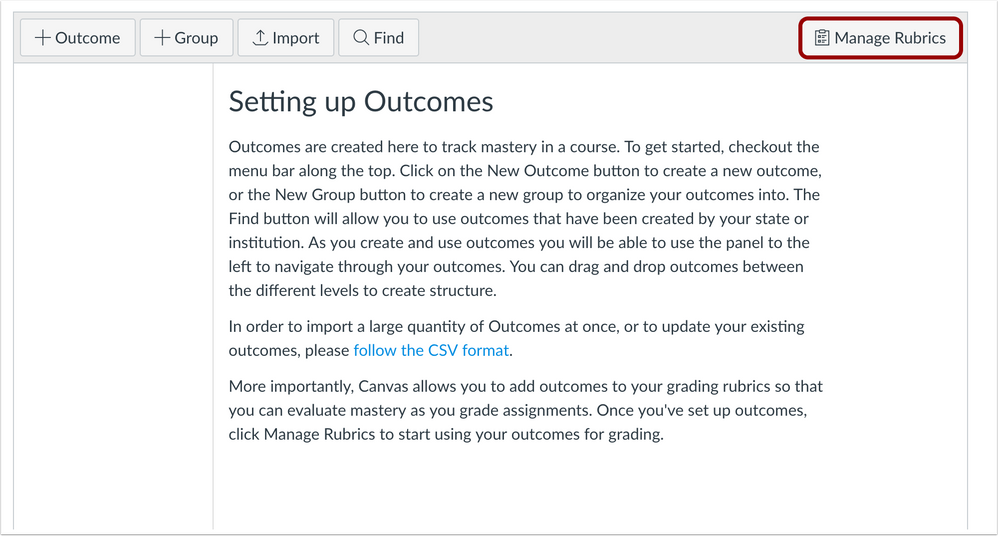 The Manage Rubrics button is directly in the Outcomes menu