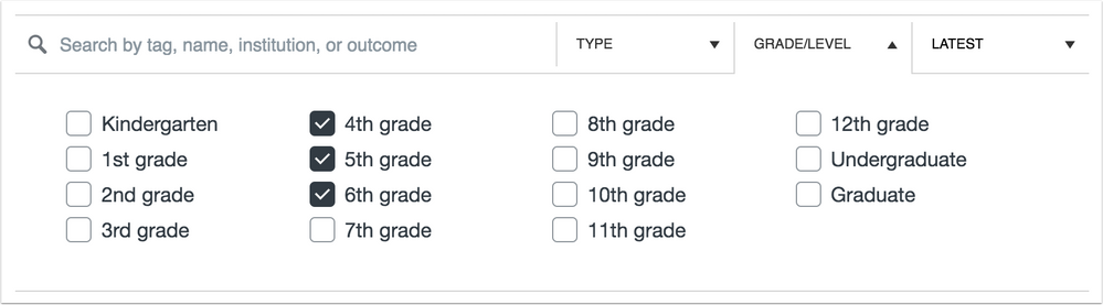 Commons Grade and Level Search Filter Design Update to Checkboxes