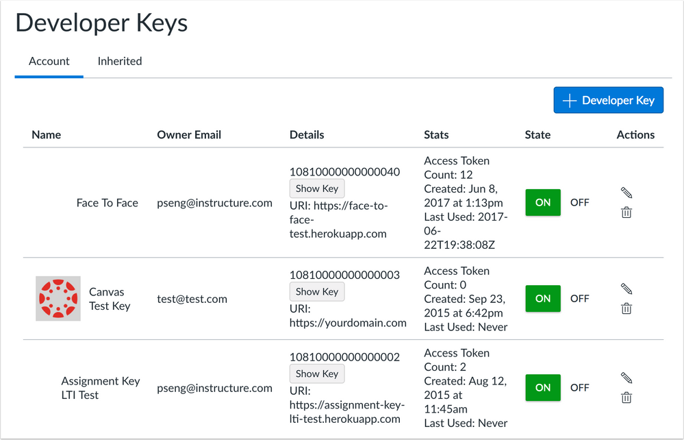 Developer Keys Account Tab