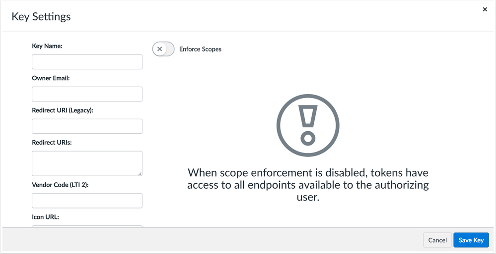 Developer Key Scopes disabled scopes page