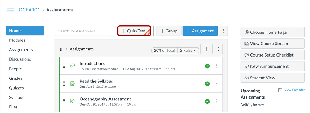 Quiz button on Home Page for Quizzes LTI when enabled for assignments