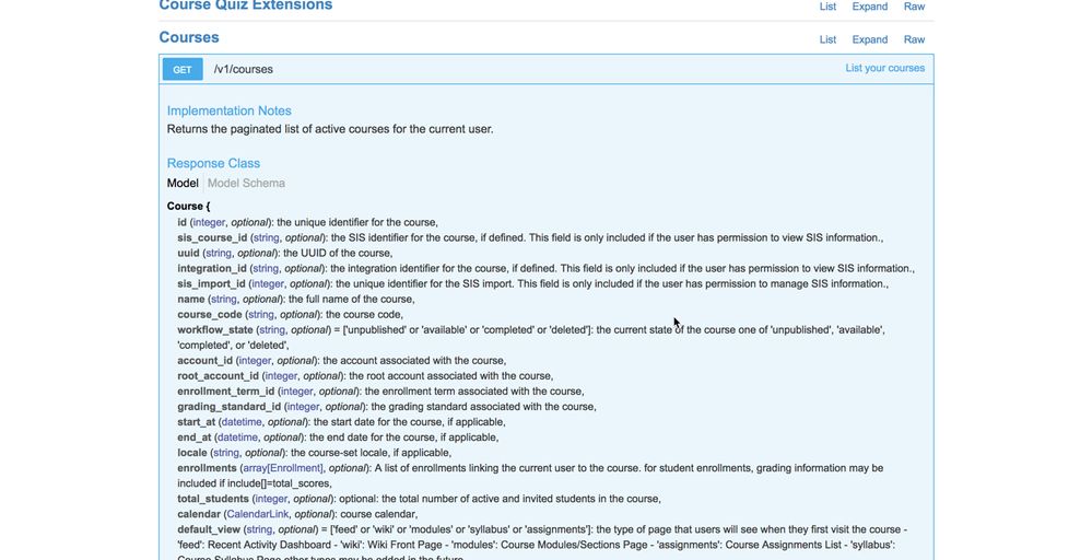 Screenshot of the Canvas Live API with Courses functions displayed