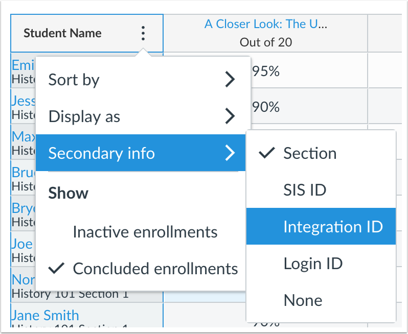 The Secondary ID menu in the New Gradebook filters by Integration ID