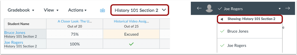 New Gradebook section filters sync with SpeedGrader