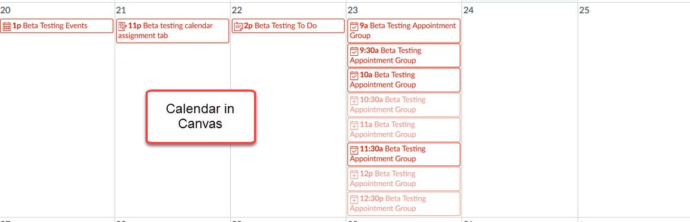 view of calendar in canvas site