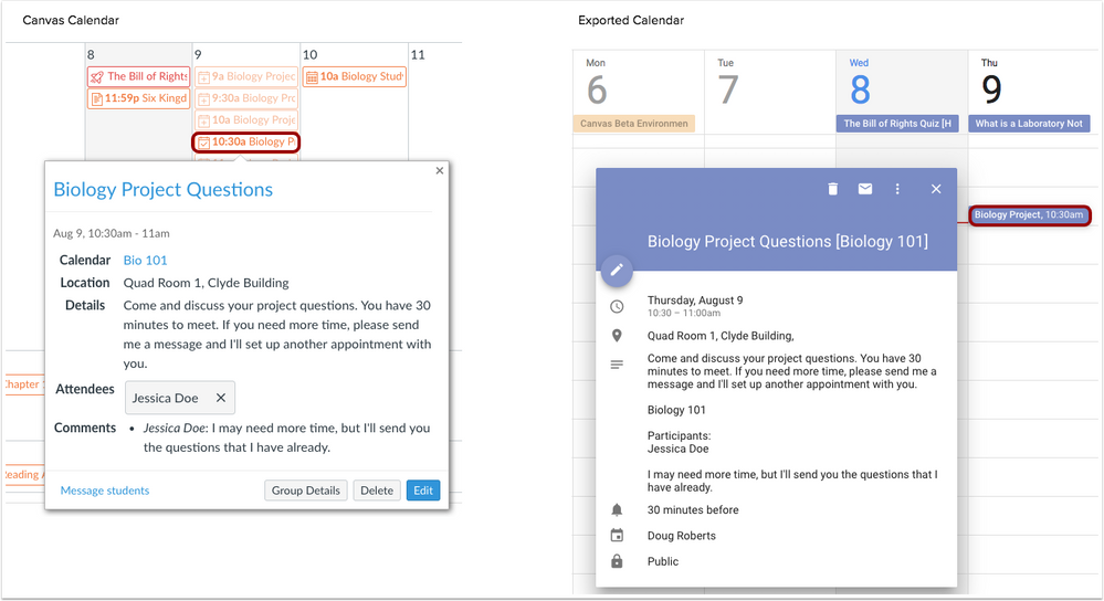 Scheduler appointment group details display in calendar feed exports