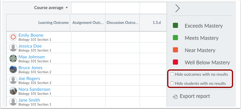 Learning Mastery Gradebook includes filters for outcomes and students