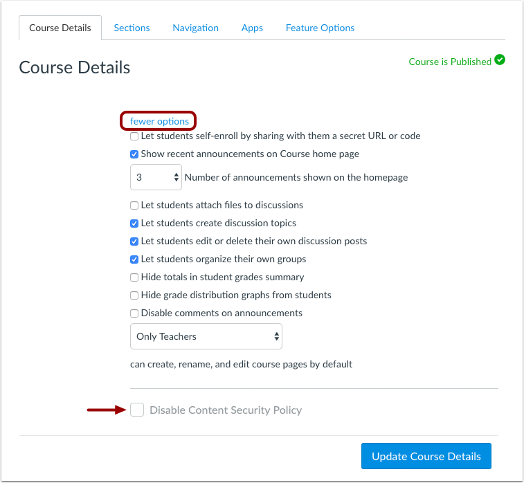 Course Settings Content Security Policy Checkbox managed by Admins