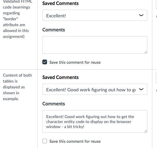Screenshot showing the Save Comment selected on second to last rubric criteria, and selected comment displaying in the last rubric criteria comment field