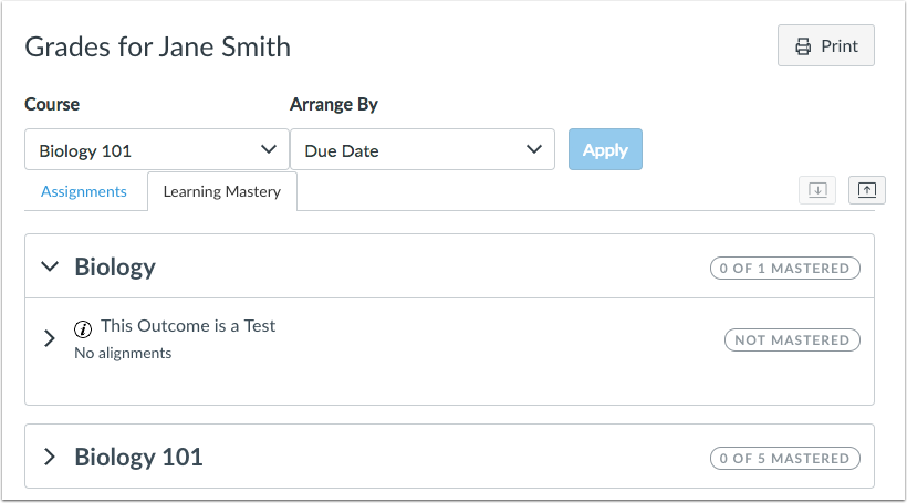 New view for student learning mastery gradebook