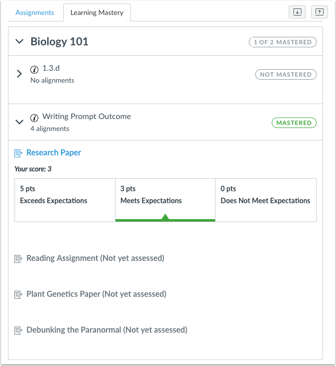 Aligned outcomes in the student learning mastery gradebook