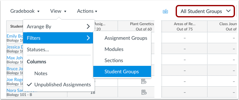 New Gradebook Student Group menu