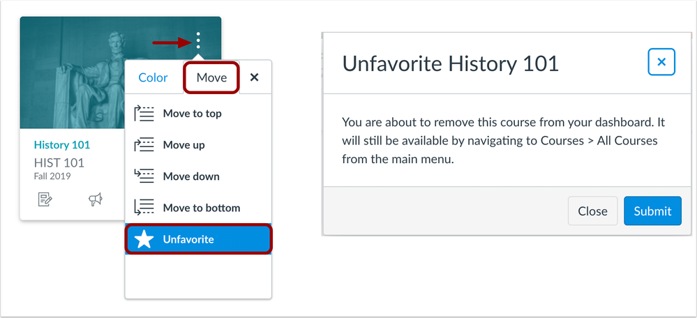 Dashboard functionality to unfavorite a course through the course card Move menu Dashboard functionality to unfavorite a course through the course card Move menu