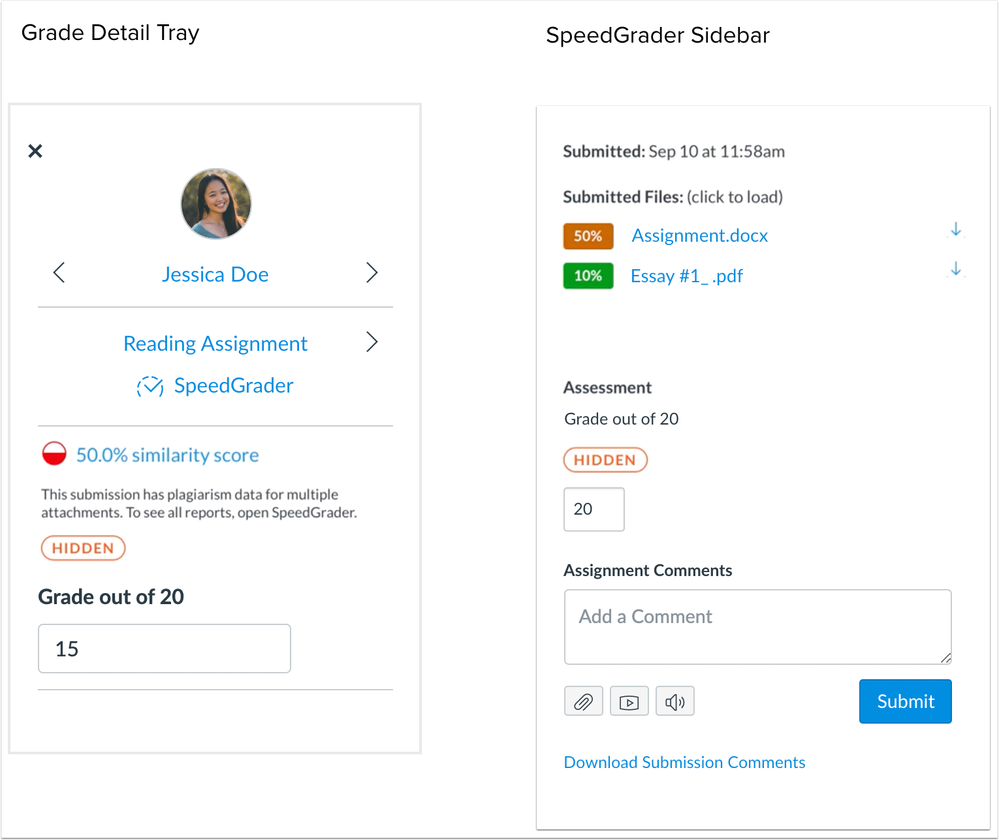 New Gradebook Grade Detail Tray showing more than one submission; SpeedGrader sidebar shows multiple plagiarism data