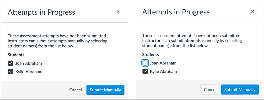 Attempts in Progress window with options to remove student submissions from being manually submitted Attempts in Progress window with options to remove student submissions from being manually submitted
