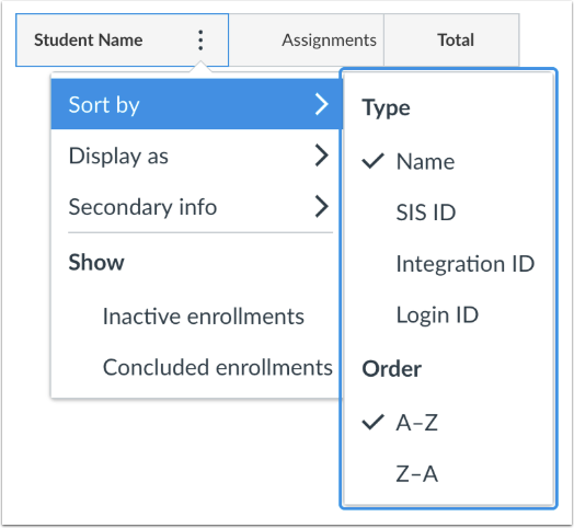 Student Name Sort Options