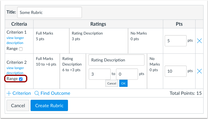 Rubric criterion Range checkbox