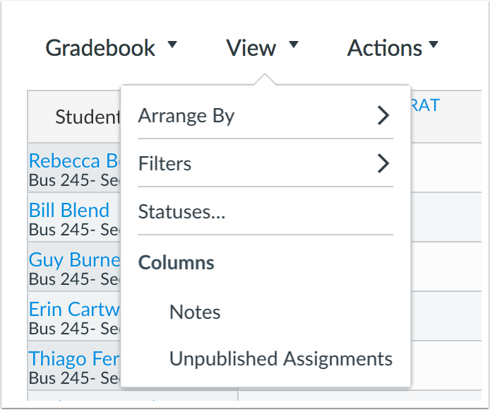 New Gradebook View Menu options