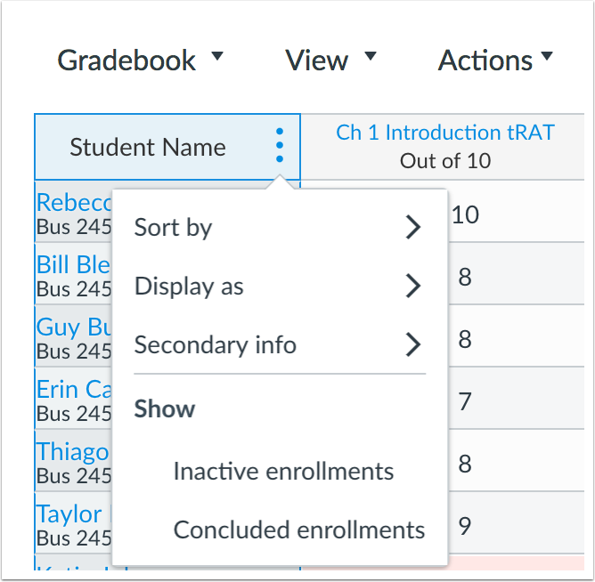 New Gradebook Student Name Column Options