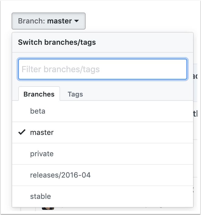Branch menu with option to switch between branches and tags