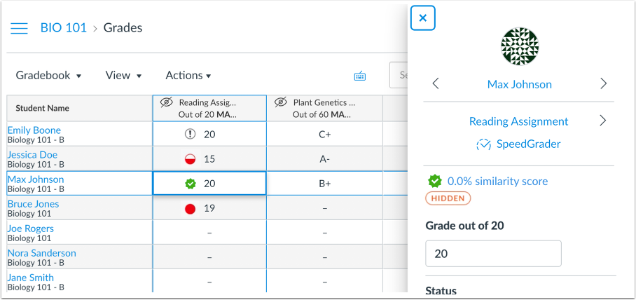 plagiarism icons with grade detail tray view